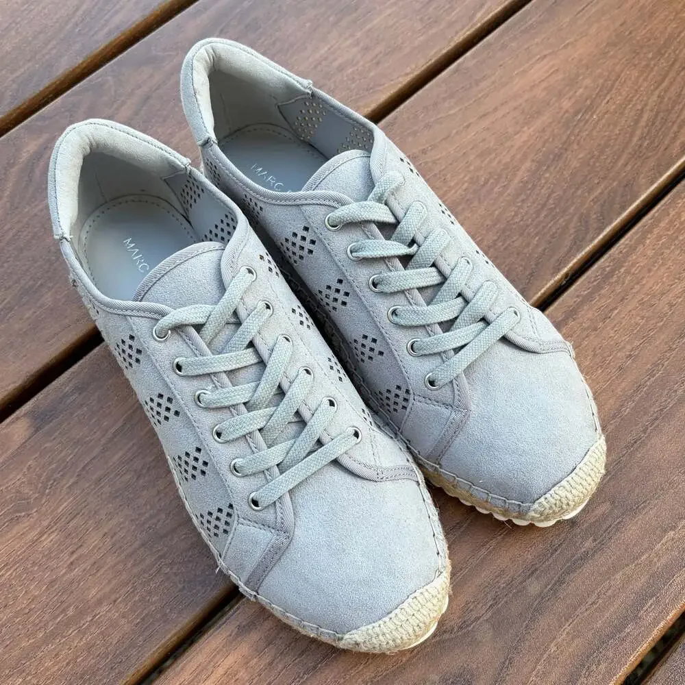 New Marc Fisher Baila Perforated Lace-Up Espadrille Sneakers Grey Size 8